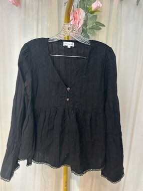 Lost + Wander Black Boho Blouse Peplum Top Bell Sleeve